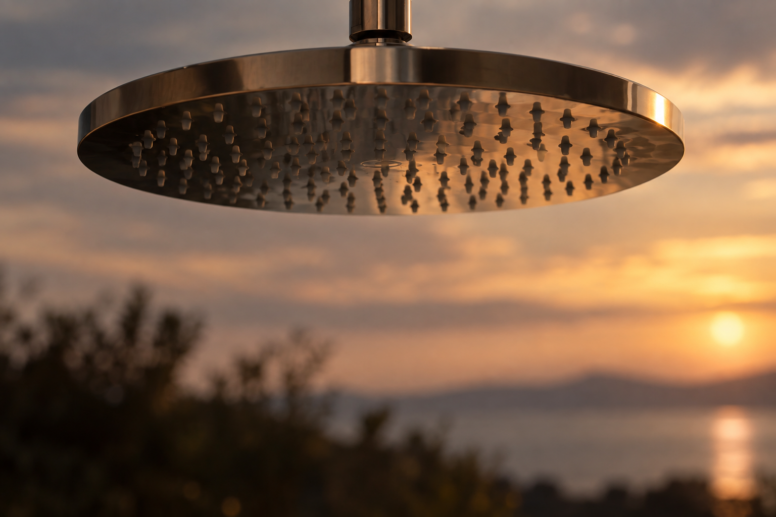 Duschbrause ohne Wasser mit Ausblick auf dem abendlichen See